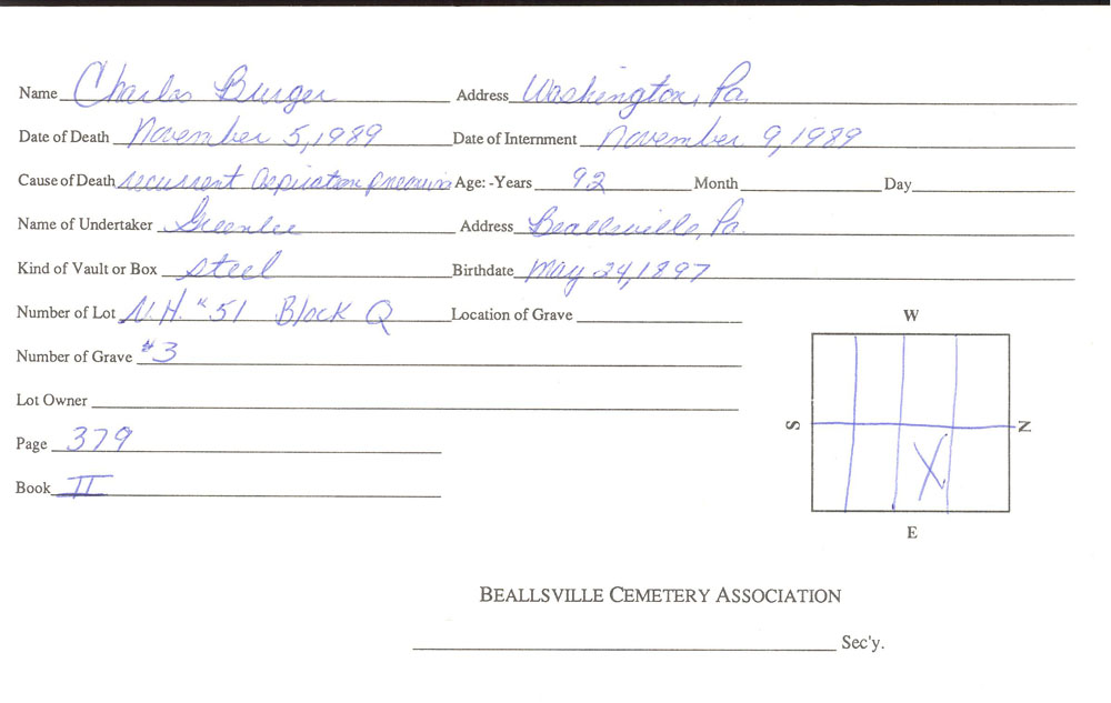 Charles Burger  burial card